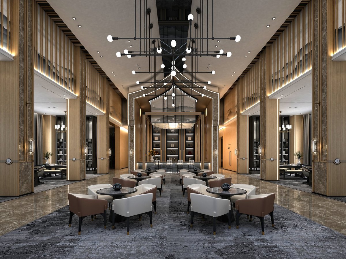 Luxury hotel reception with polished marble floors