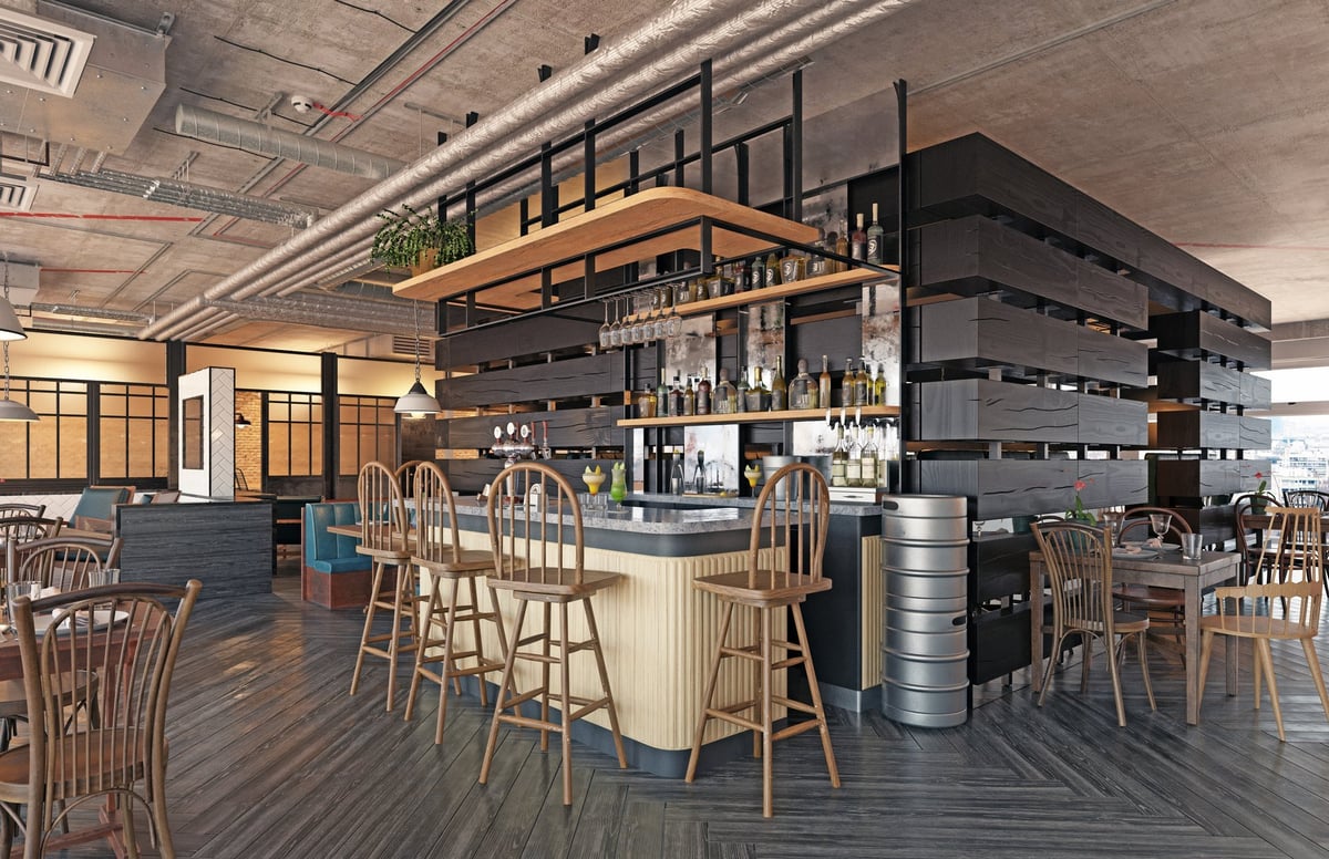 Modern restaurant interior with stone flooring