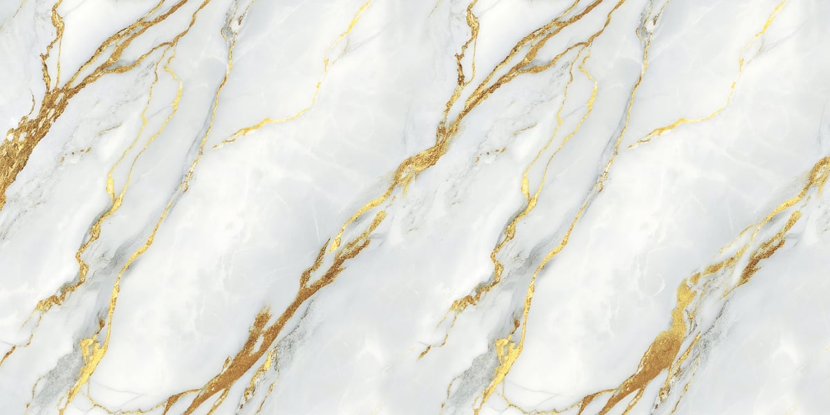 Polished white Carrara marble floor with natural veining