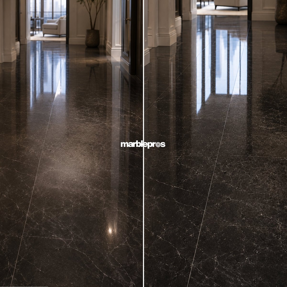 Split image comparison of polished dark marble hallway with windows and glass doors, showing reflective flooring and light streaming through
