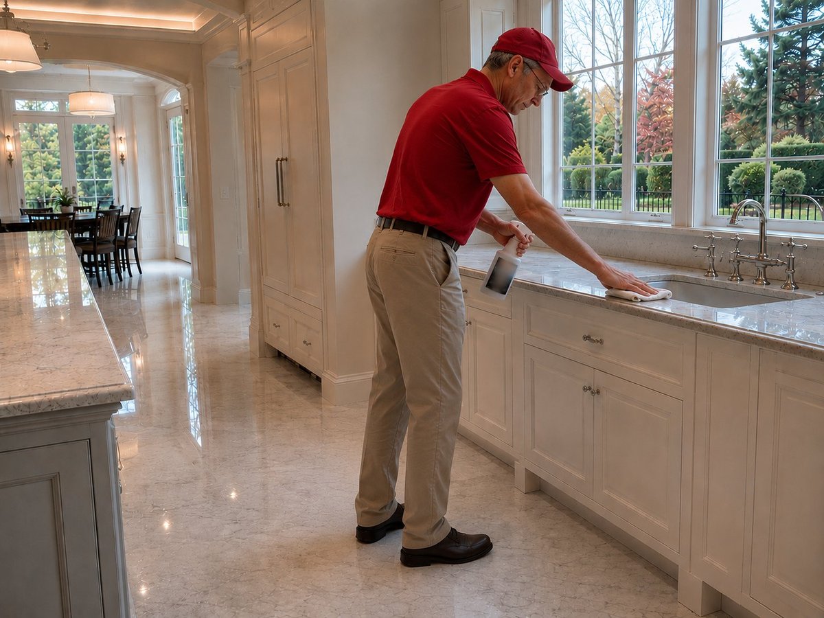 Worker in red shirt and cap wiping down kitchen countertop in modern luxury home with white cabinetry and large windows